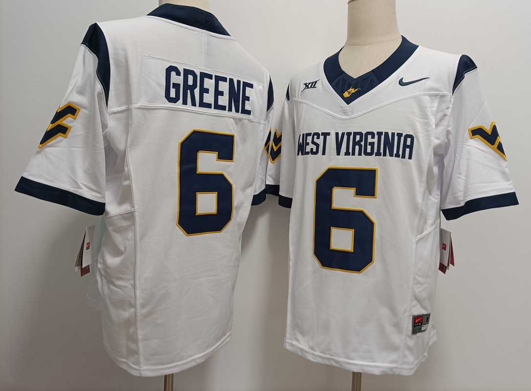 Men%27s West Virginia Mountaineers #6 Garrett Greene White FUSE College Stitched Jersey